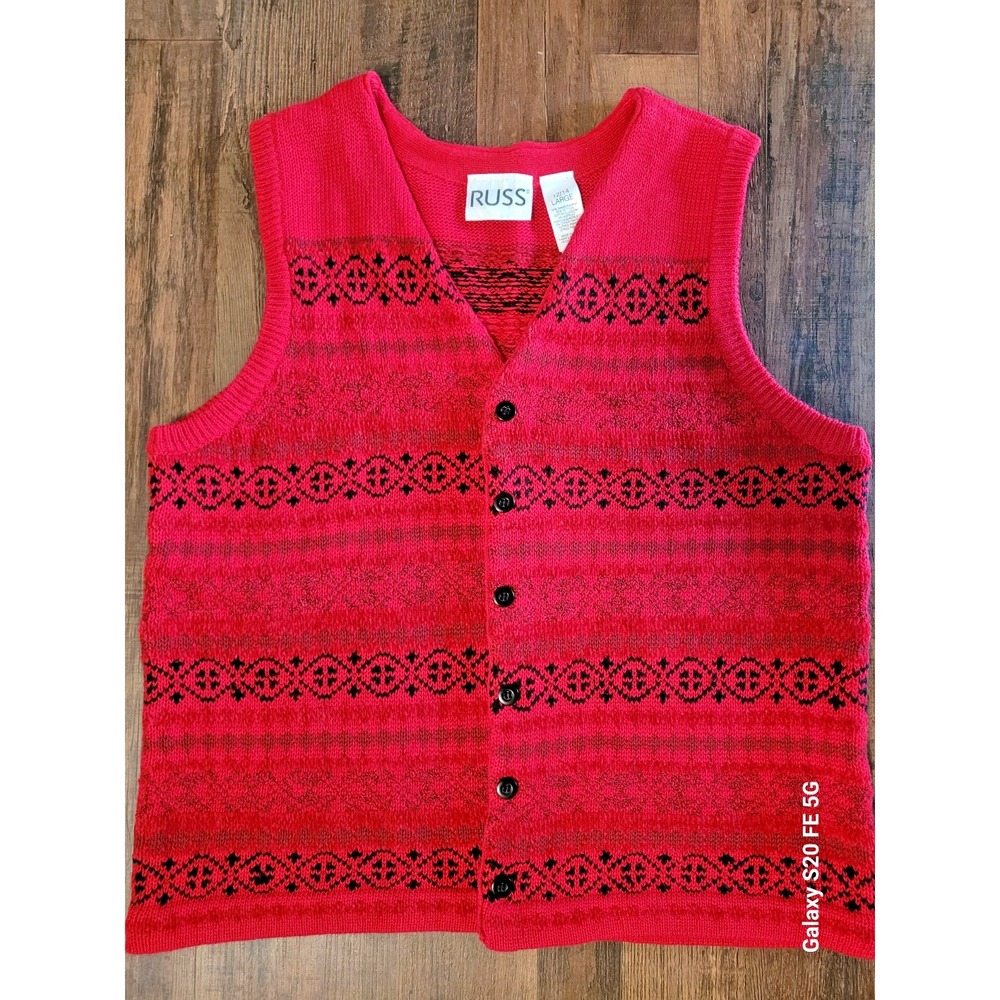 Russ Womens Fair Isle Nordic Cabincore Knit Button Up Sleeveless Vest SZ Large